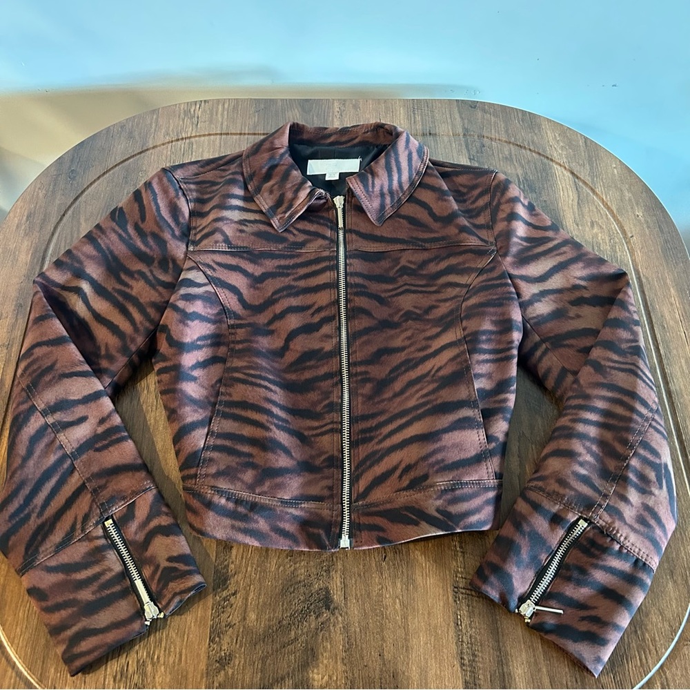 Zara Brown Tiger Print Leather Jacket
